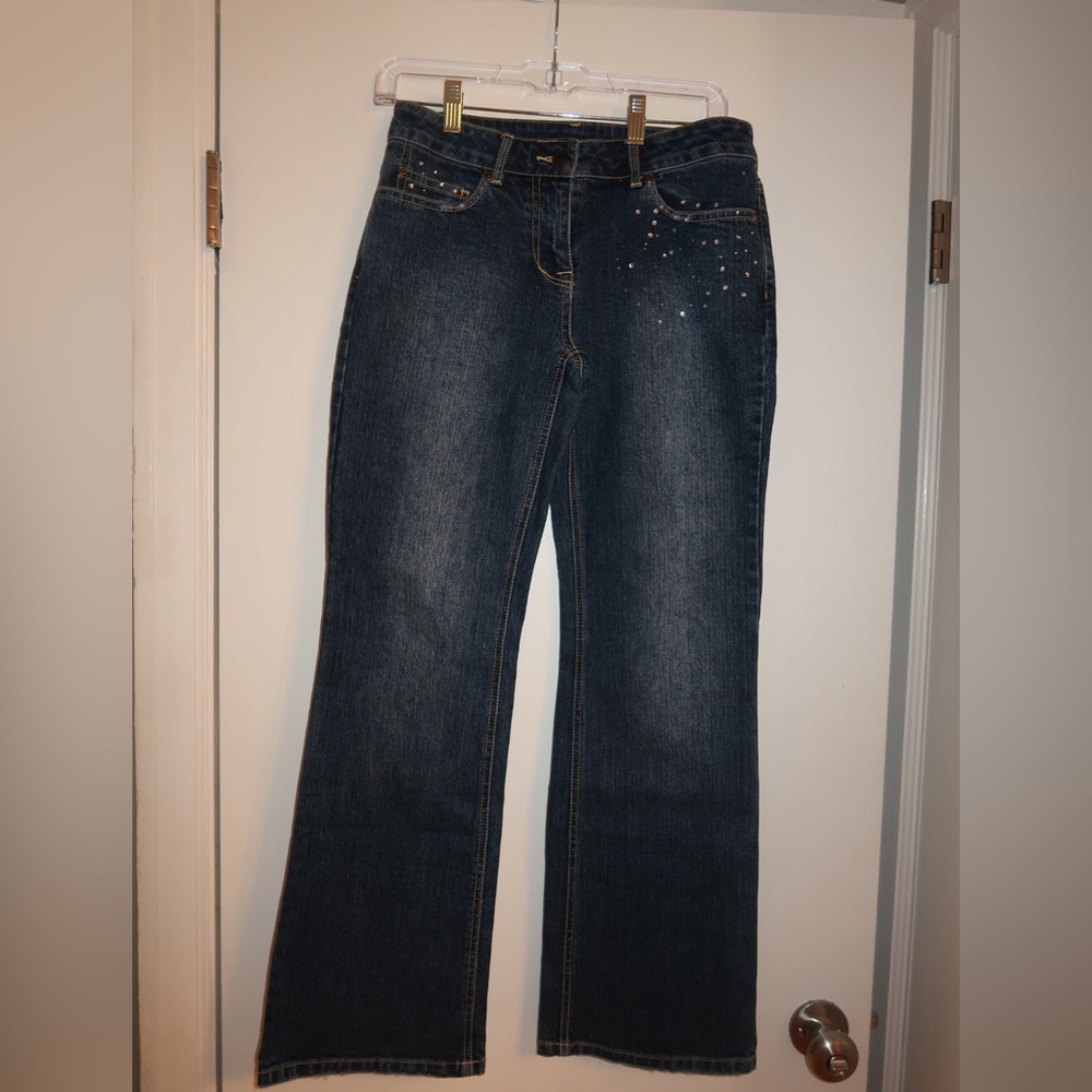 INC International Concepts Dark Blue Flare Jeans with Sparkle Accents